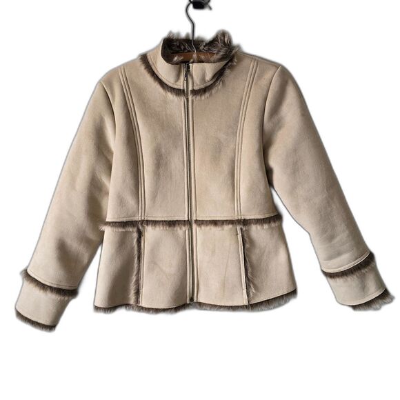 L.E. Relaxed Bomber Jacket Penny Lane Faux Fur Suede Y2K Boho Pilgrim Festival S - Picture 1 of 5